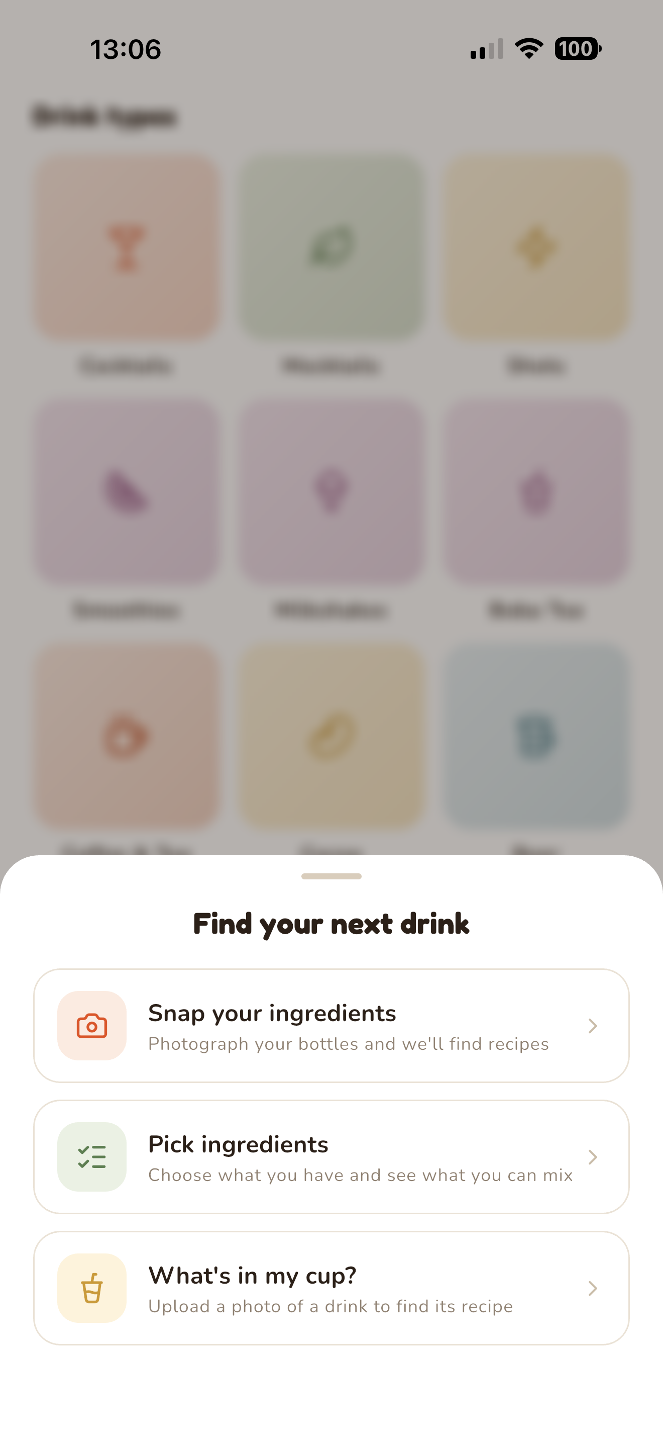 Find your next drink sheet: snap your ingredients, pick ingredients, or identify a drink from a photo