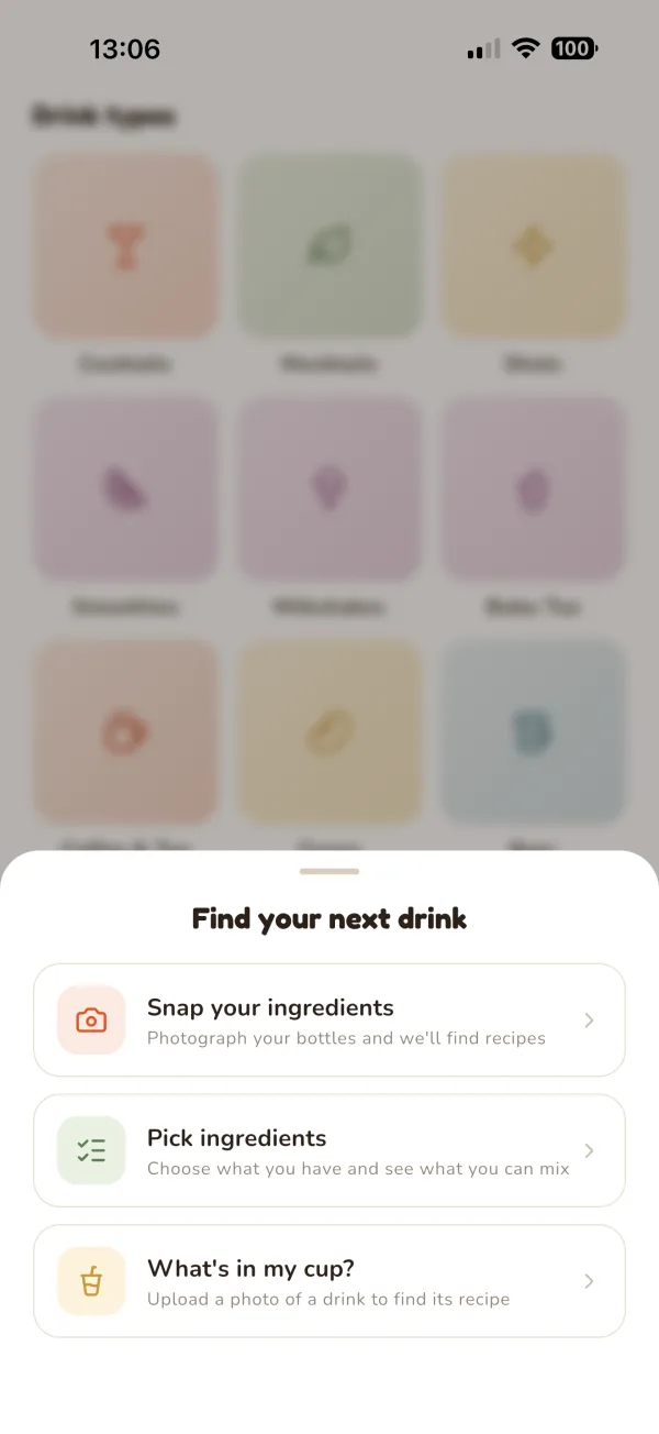 Find your next drink sheet: snap your ingredients, pick ingredients, or identify a drink from a photo