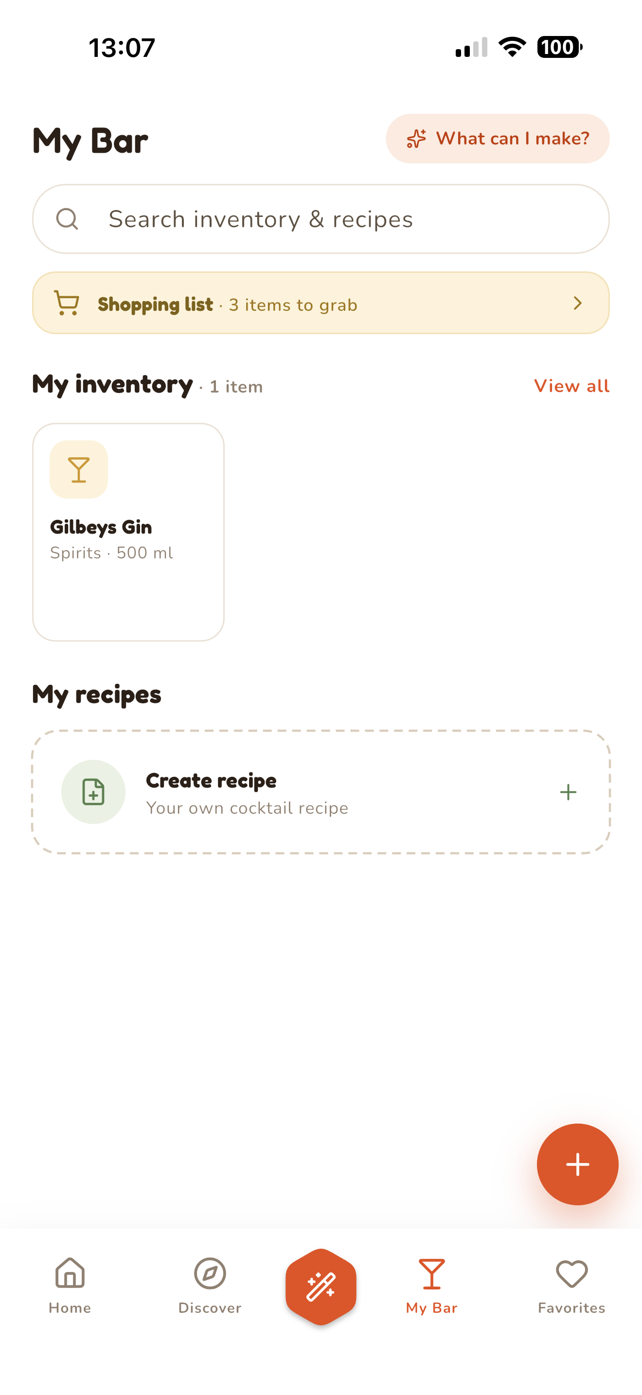 My Bar screen with inventory, shopping list, and a What can I make button