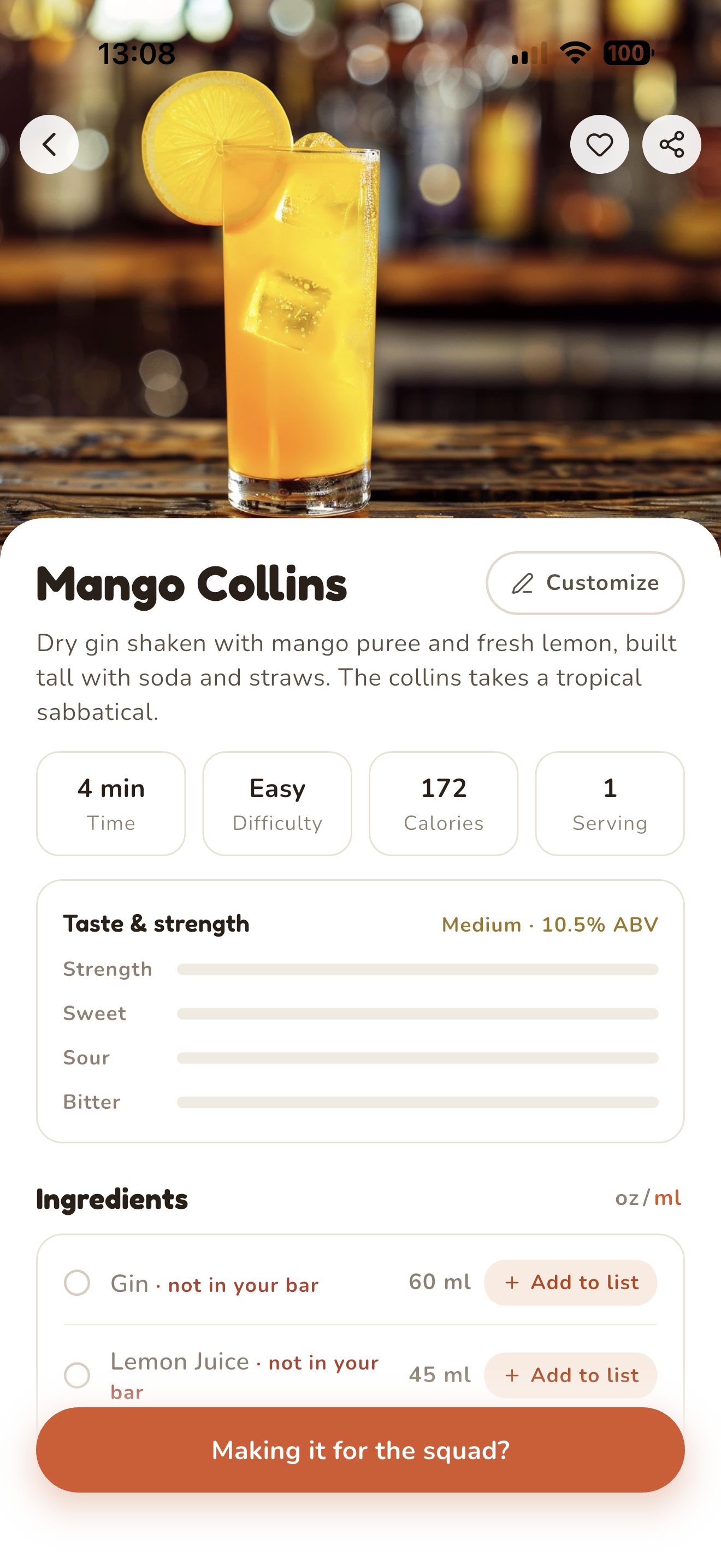 Mango Collins recipe page with favorite and share icons in the header