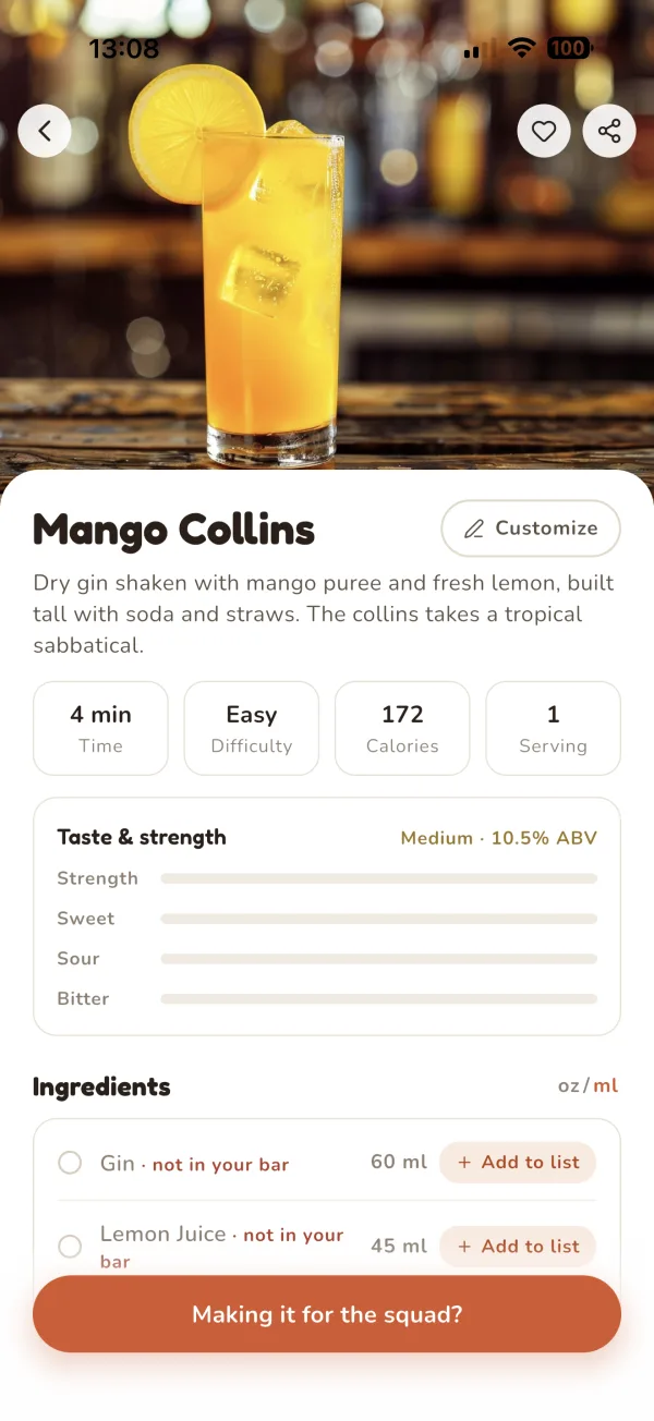 Mango Collins recipe page with favorite and share icons in the header