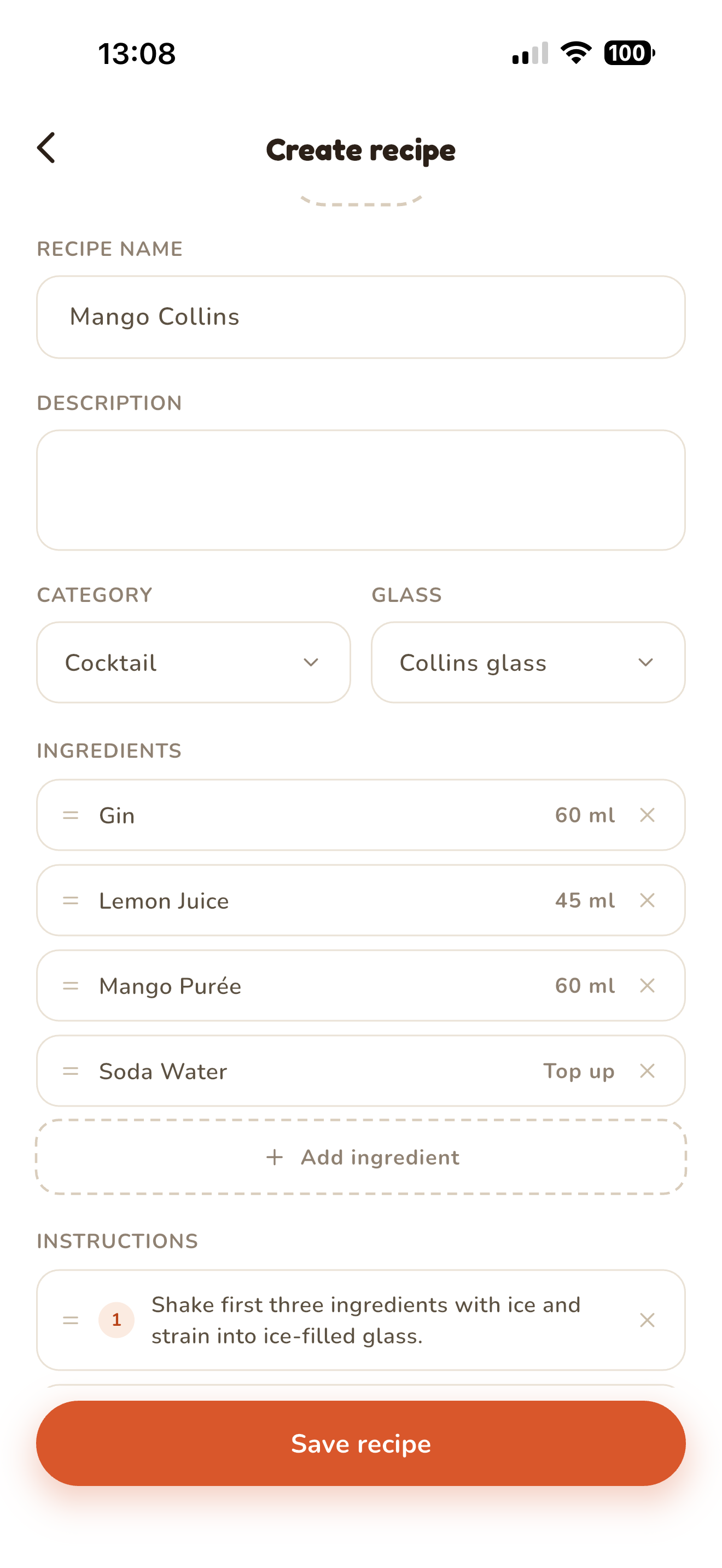 Recipe editor open on Mango Collins, with name, category, glass, ingredients, and instructions fields