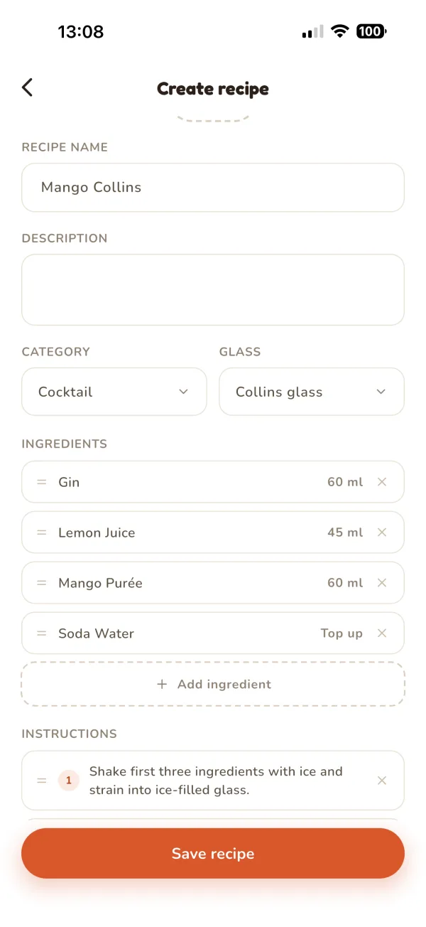 Recipe editor open on Mango Collins, with name, category, glass, ingredients, and instructions fields