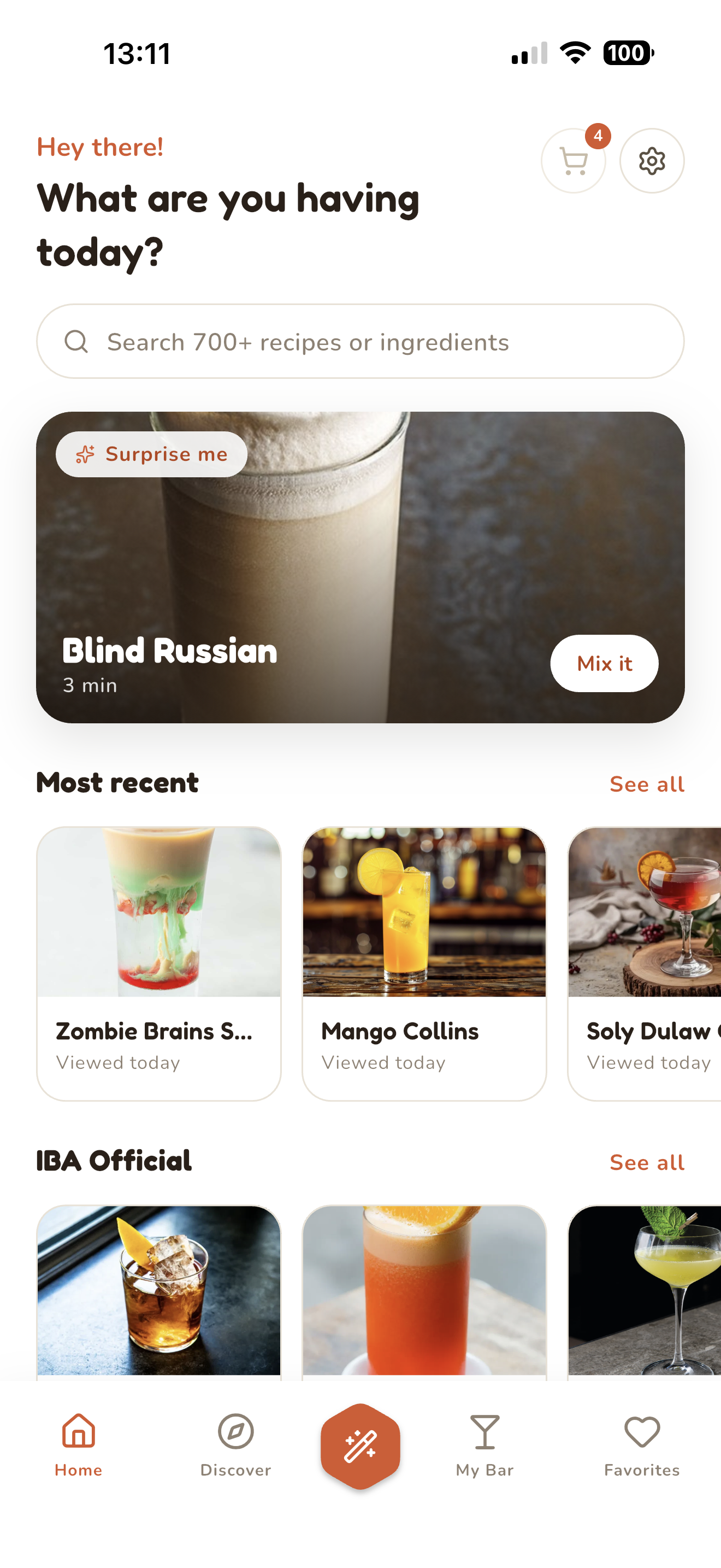 Pocket Bartender home screen with search, a suggested drink, and recent recipes