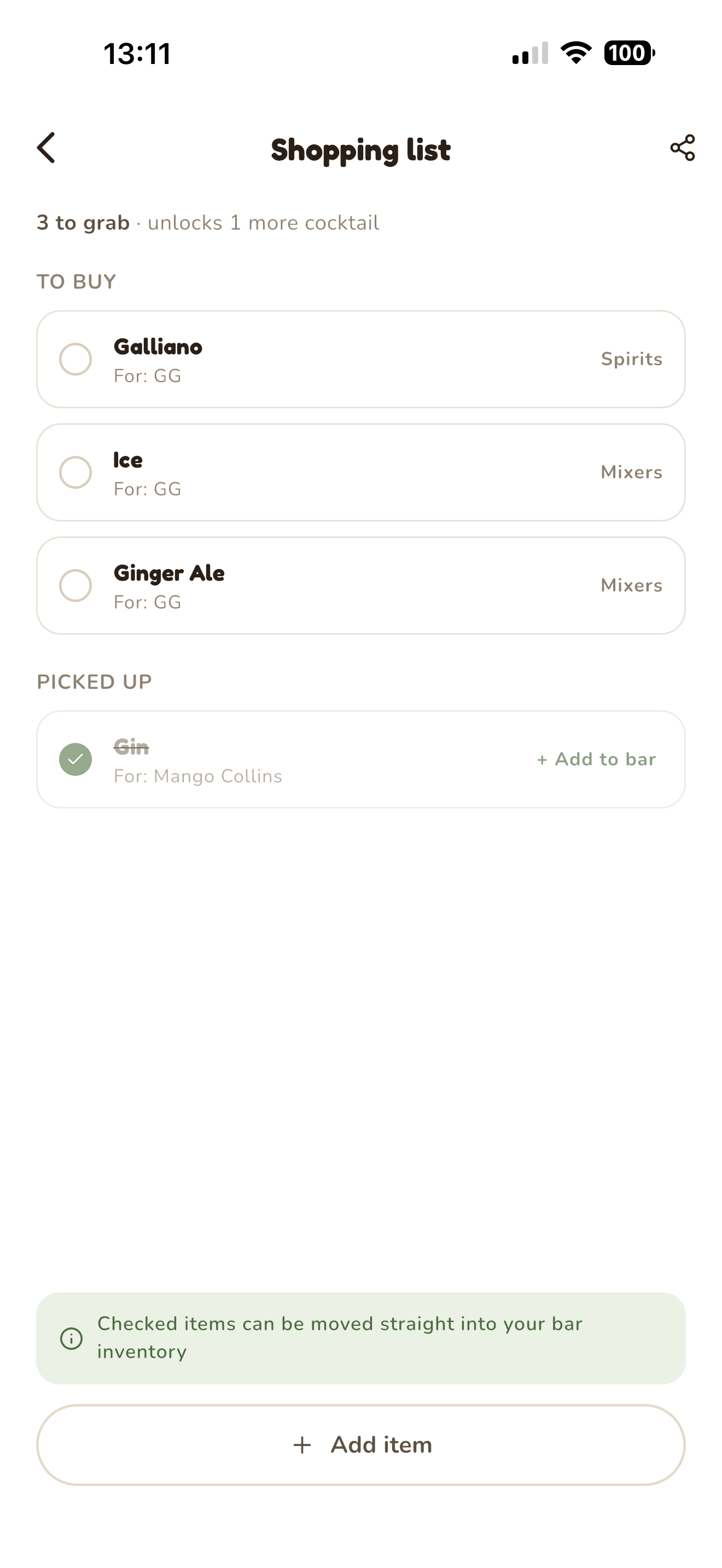 Shopping list with items to grab and a share icon in the header
