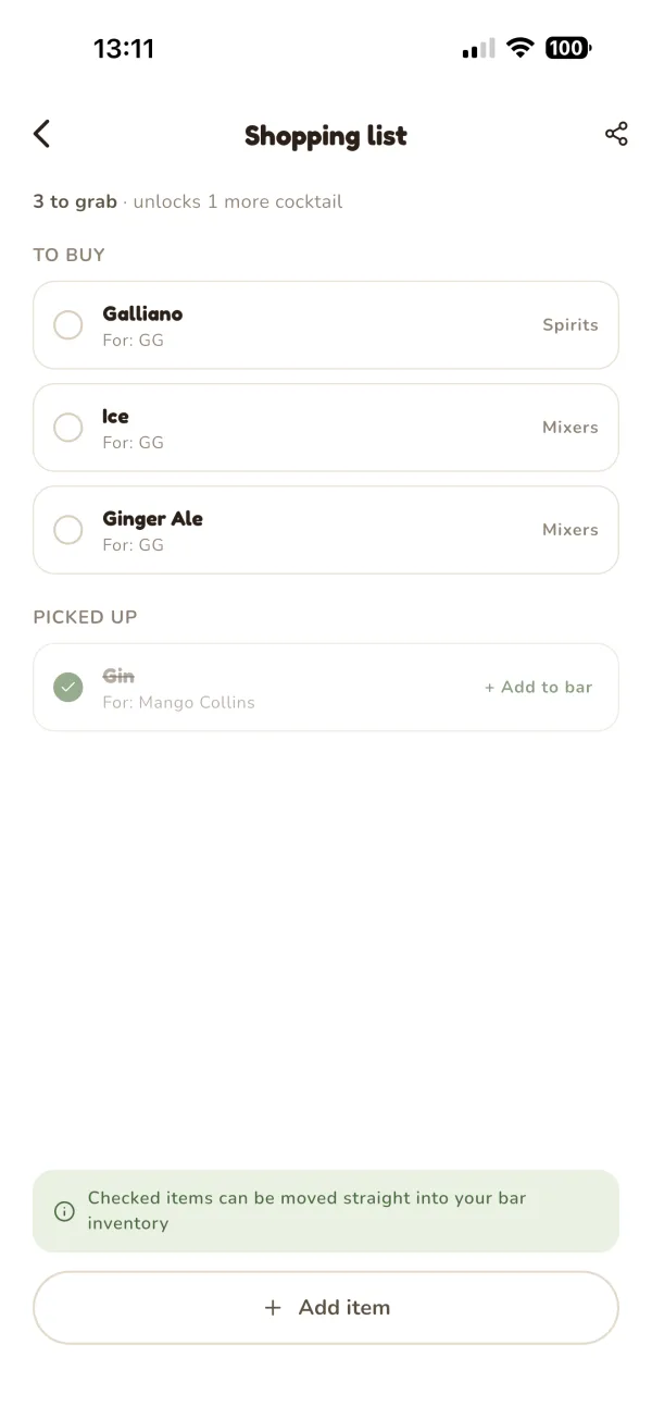 Shopping list with items to grab and a share icon in the header