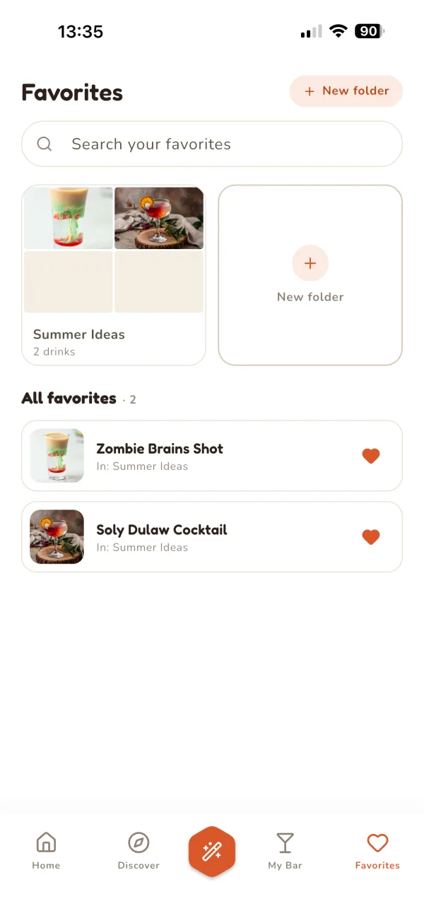 Favorites screen with a Summer Ideas folder and two saved cocktails