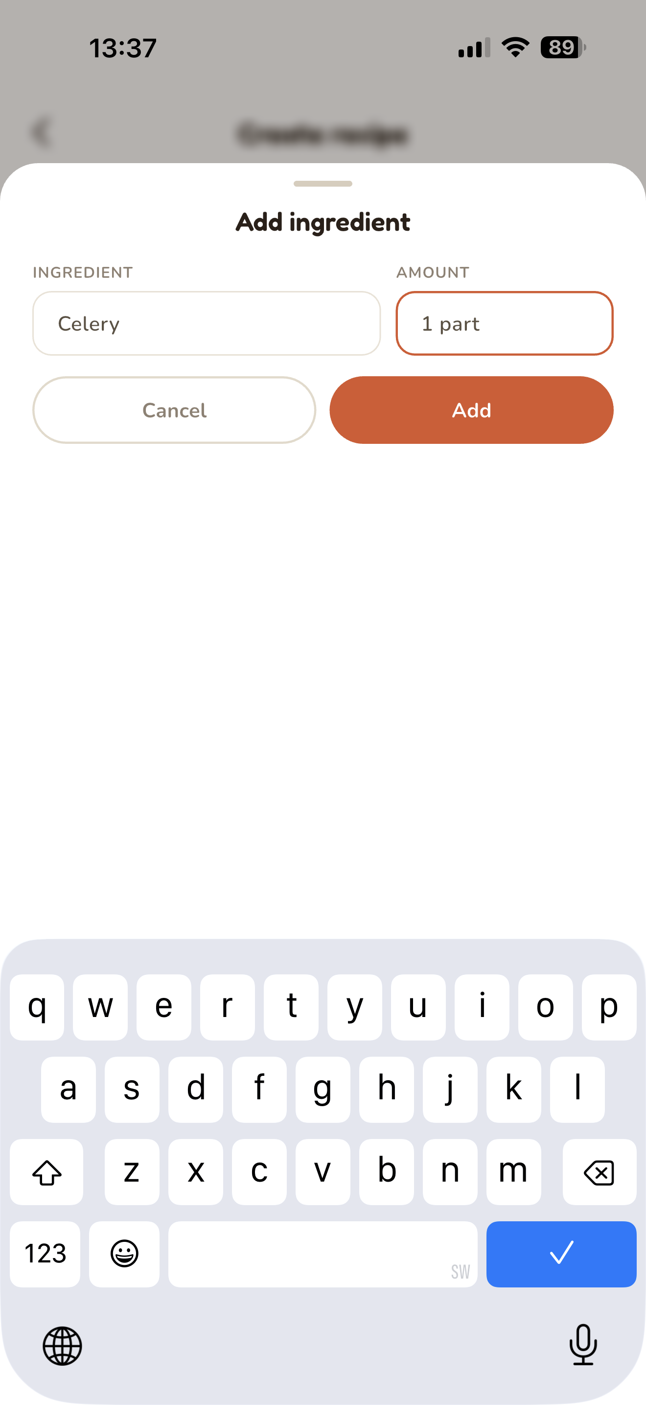 Add ingredient sheet while building a custom recipe, entering Celery at 1 part
