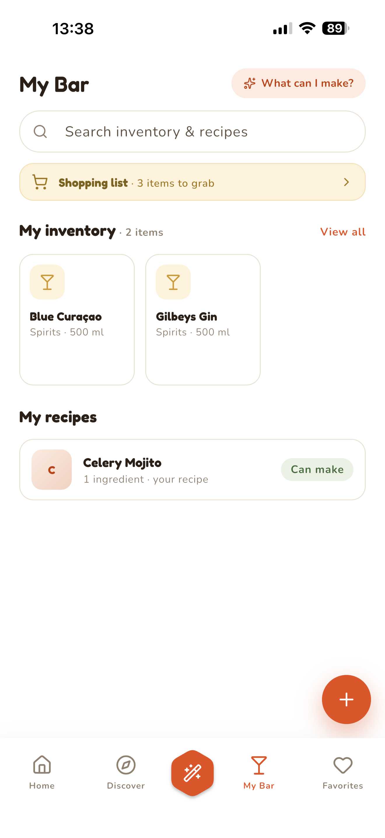 My Bar screen showing bottle inventory, a shopping list banner, and a custom recipe marked Can make
