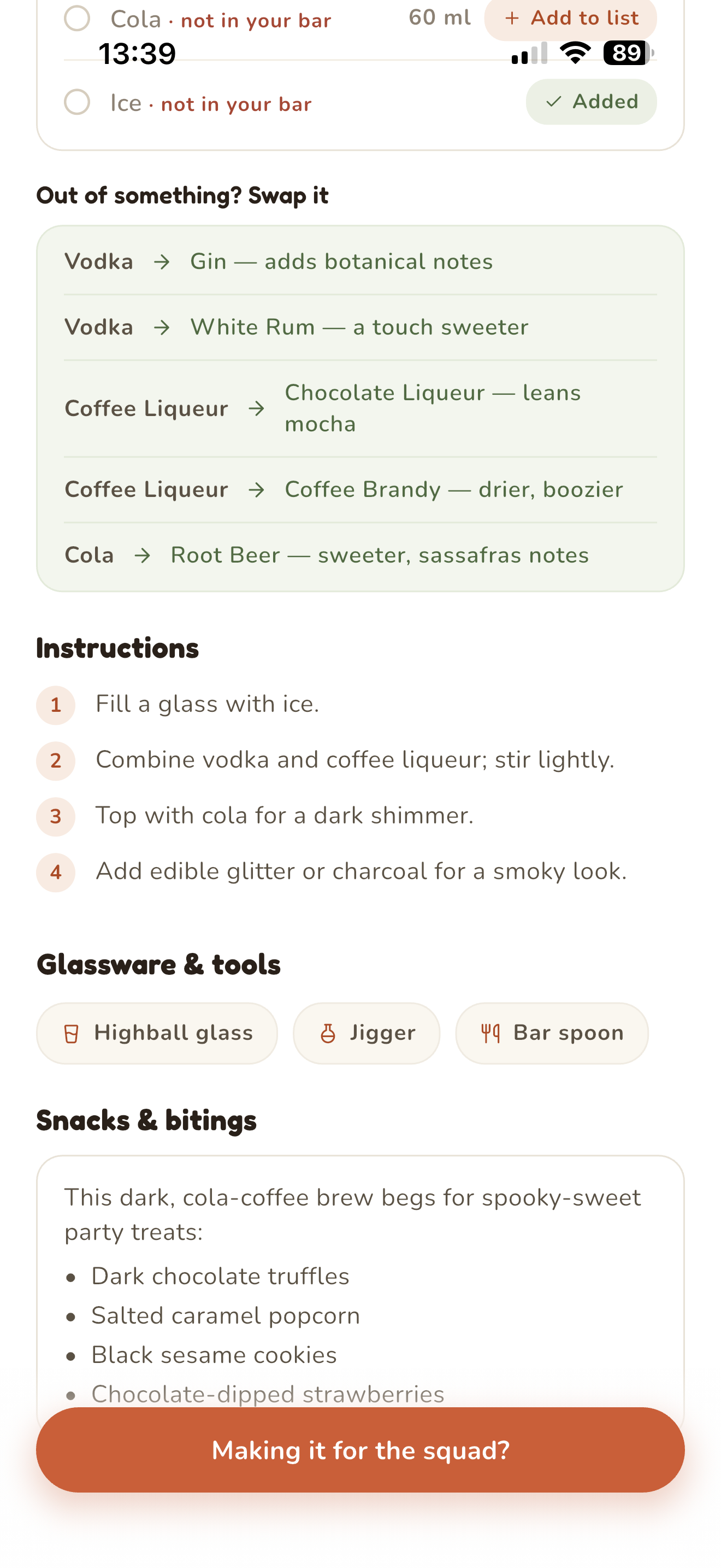 Swap suggestions on a recipe: vodka to gin, coffee liqueur to chocolate liqueur, cola to root beer, each with a tasting note