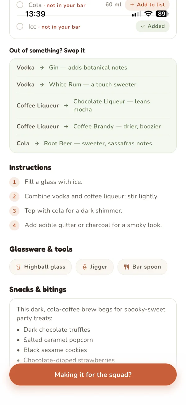 Swap suggestions on a recipe: vodka to gin, coffee liqueur to chocolate liqueur, cola to root beer, each with a tasting note